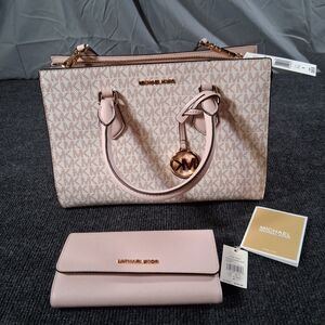 Michael Kors Shiela Satchel Crossbody + JetSet Trifold Wallet Powder Blush NWT